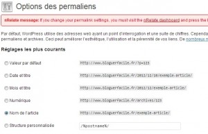 wordpress-menu-reglages-permalink-permalien Les options de paramétrage sont nombreuses, hors thème et plugins. Bien qu'opérationnel immédiatement son installation, la configuration par défaut de WordPress n’est pas optimale. Voici comment configurer Wordpress correctement après son installation.