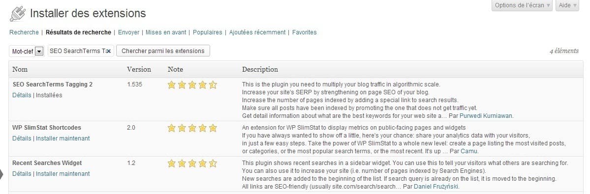 SEO SearchTerms Tagging 2 : améliorer facilement le référencement de vos articles Installation du plugin WordPress "SEO SearchTerms Tagging 2"